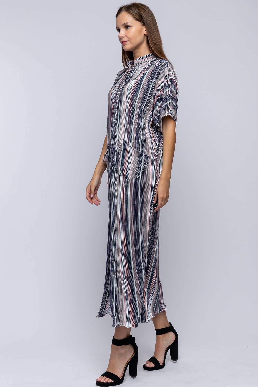 PLEATED METALLIC SOFT DRESS WITH POCKETS