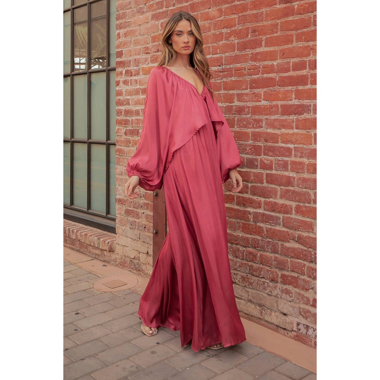 Shirred Satin Balloon Sleeve Maxi Dress