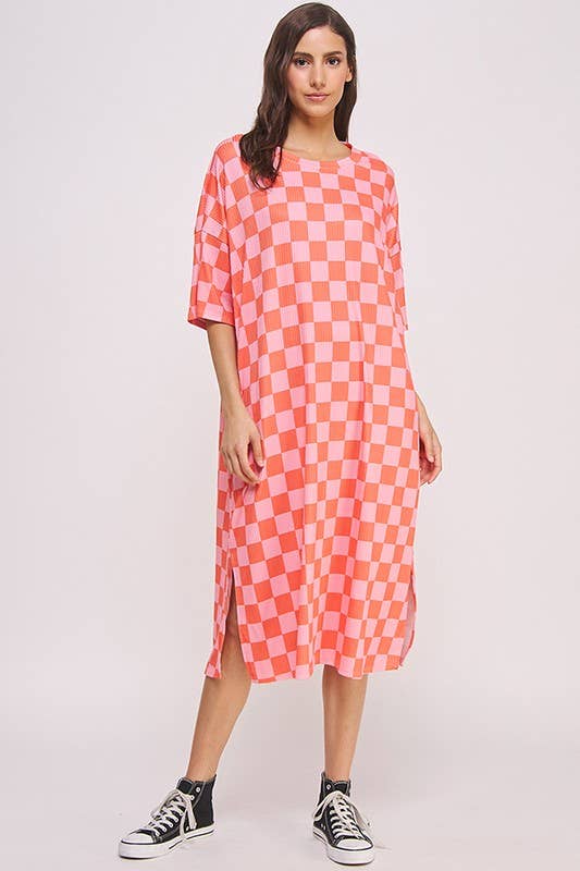 1/2 SLEEVE RIBBED CHECKERBOARD MIDI DRESS