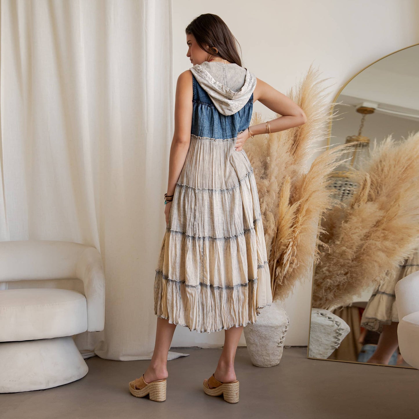Boho Tiered Sleeveless Maxi Button