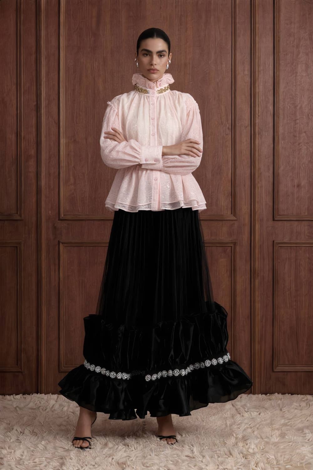 Embellished Ruffle Tulle Maxi Skirt