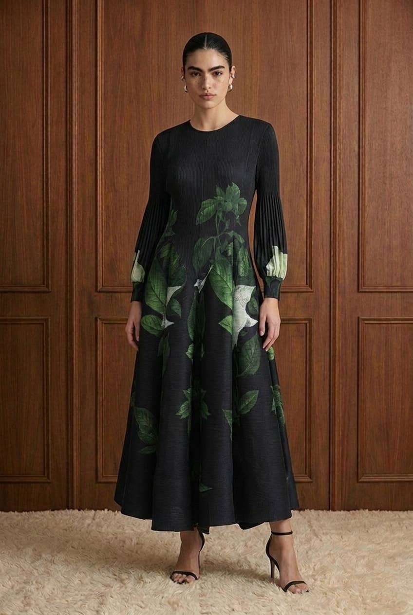 Mixed Media Botanical Basque Waist Dress