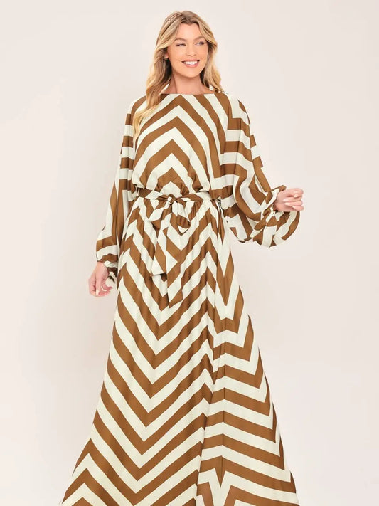 Caramel Chevron Tie-Waist Maxi Dress
