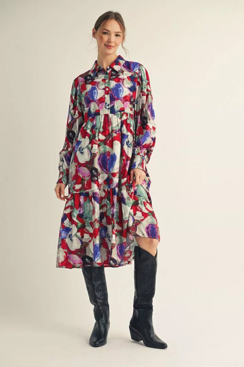 Artsy Floral Print Tiered Midi Shirt Dress