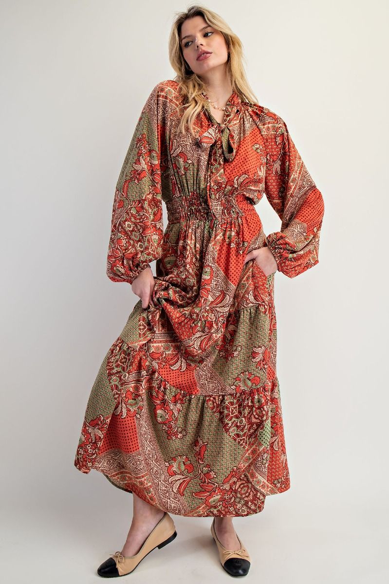 Maxi Dress in Coral Coffee and Midnight Olive