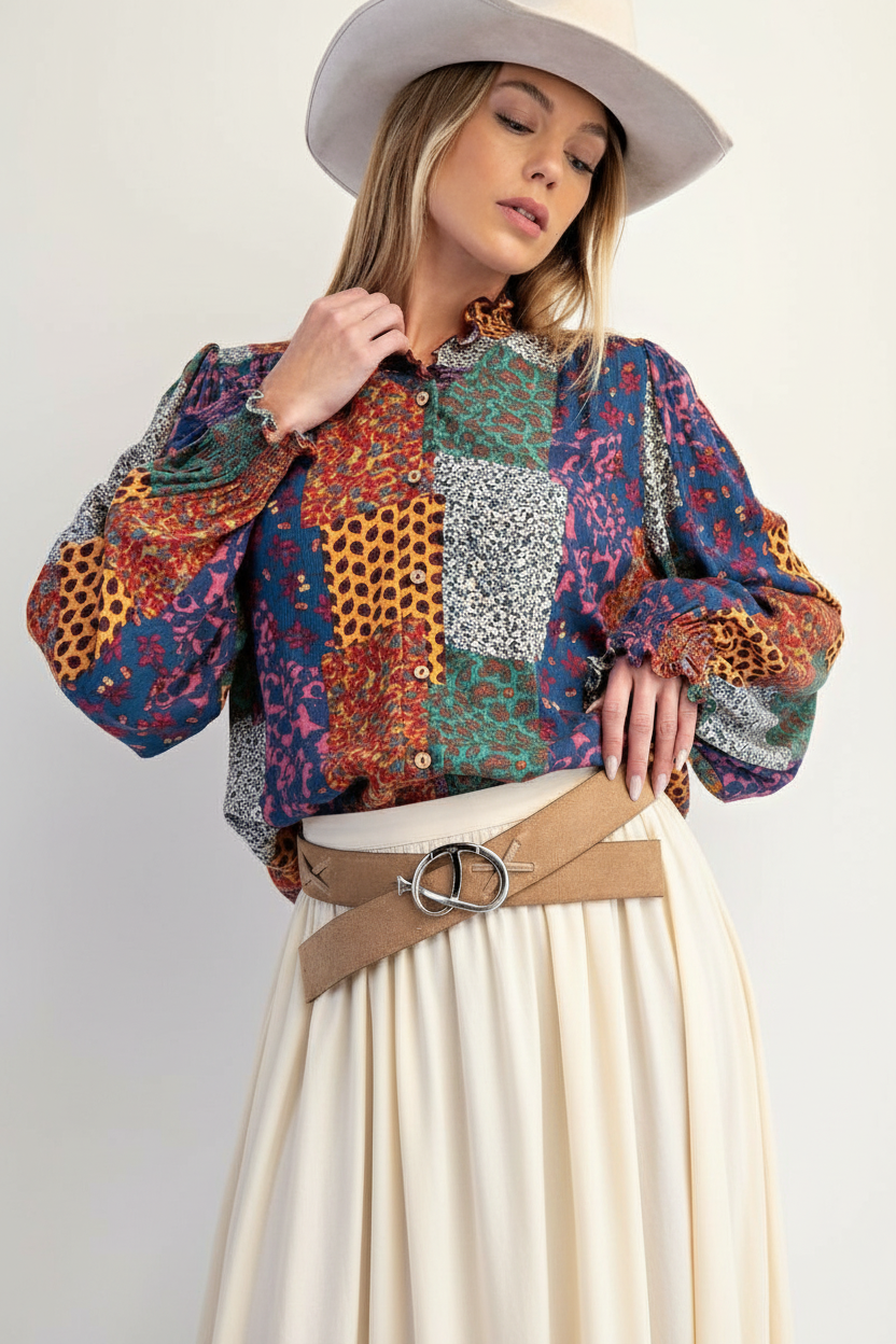 Mixed Print Patchwork Blouse with Ruffle Collar