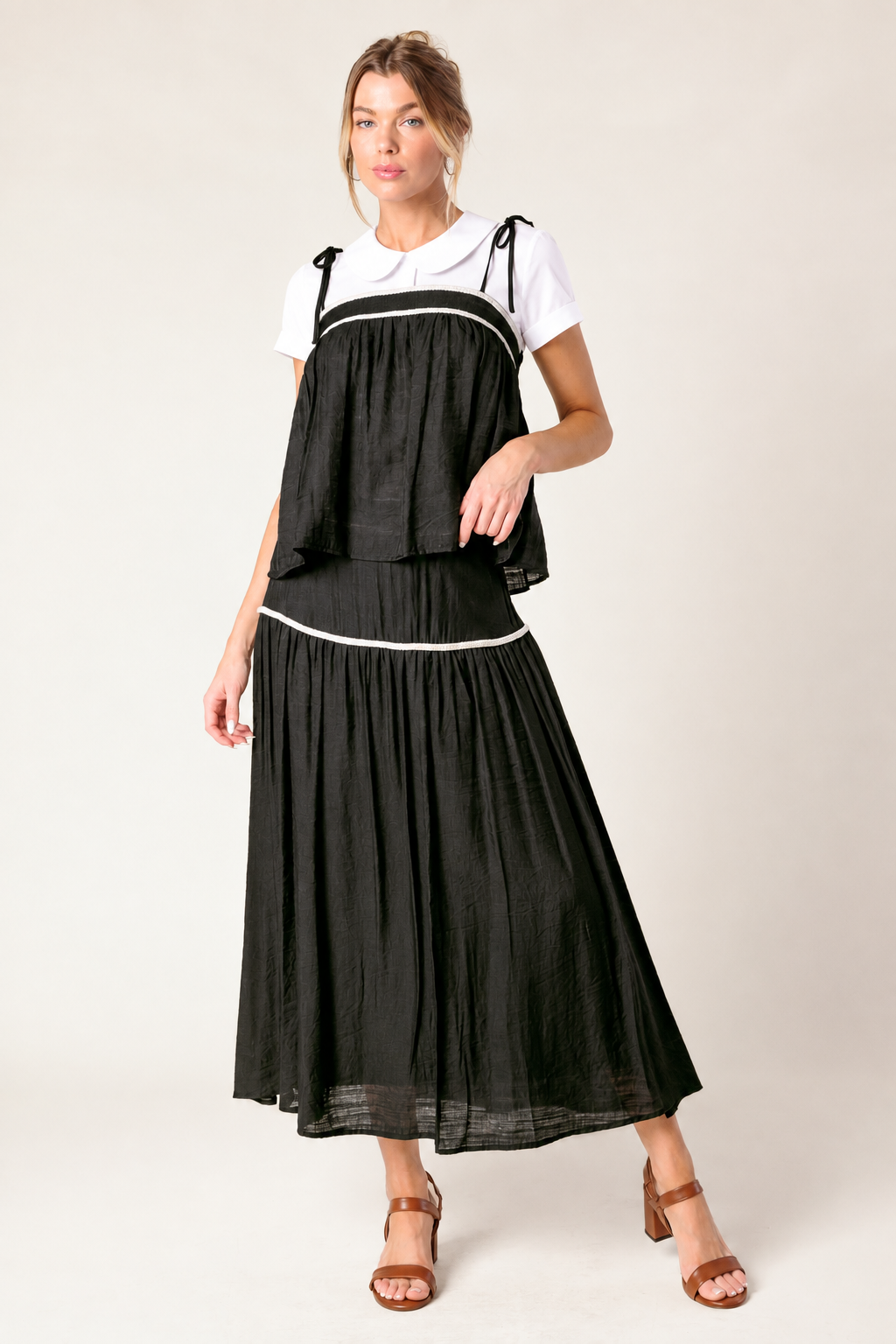 Black Contrast-Piped Cami & Maxi Skirt Set