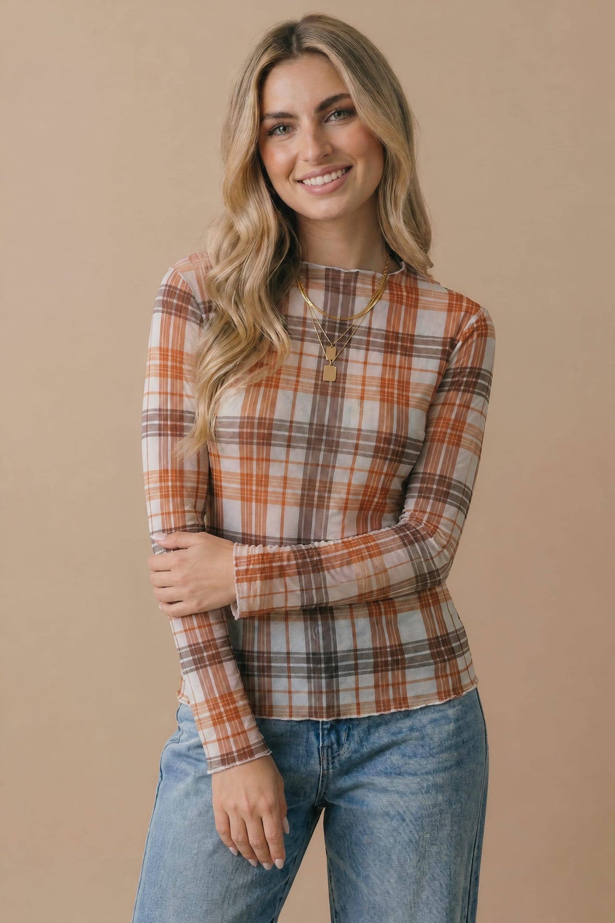 Plus Plaid Mesh Semi Sheer Top