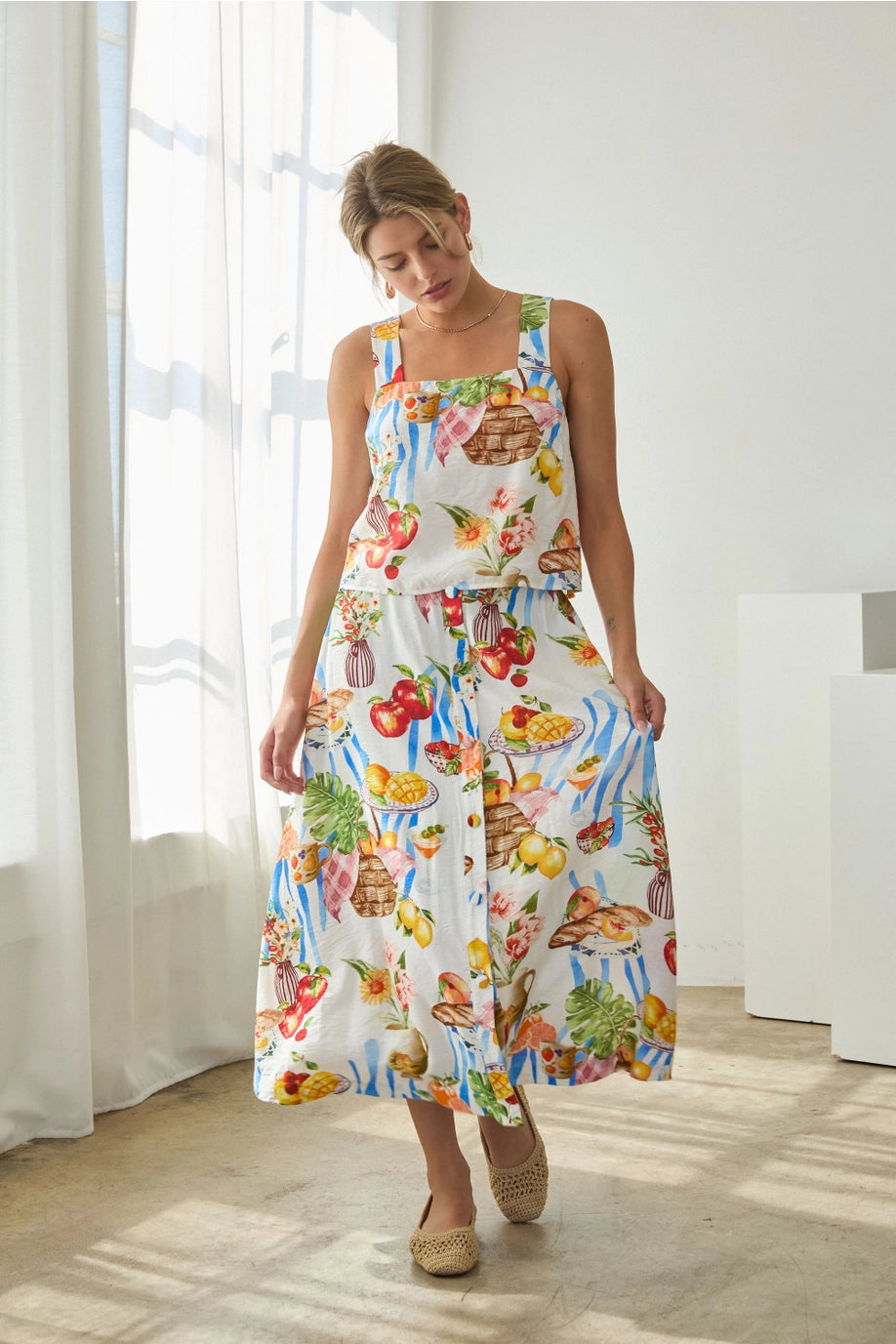 Picnic Button-Front Midi Skirt with Tropical Fruit & Florals