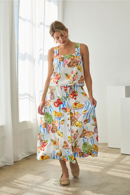 Picnic Button-Front Midi Skirt with Tropical Fruit & Florals