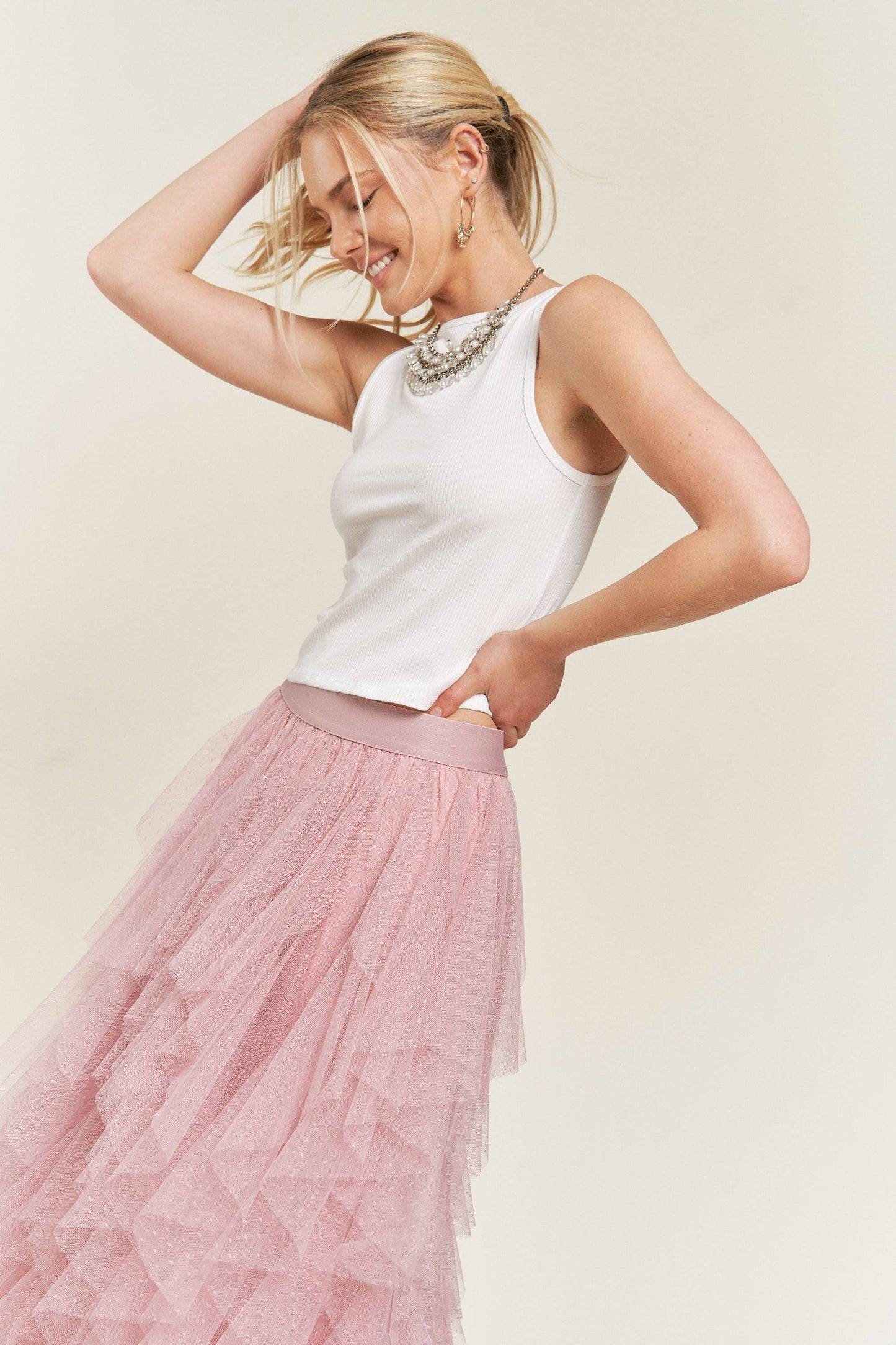Layered Polka Dot Mesh Lined A-Line Midi Skirt JJB6007