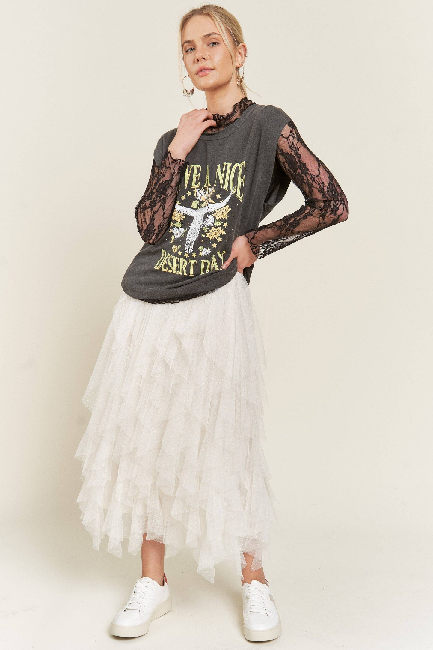Layered Polka Dot Mesh Lined A-Line Midi Skirt JJB6007