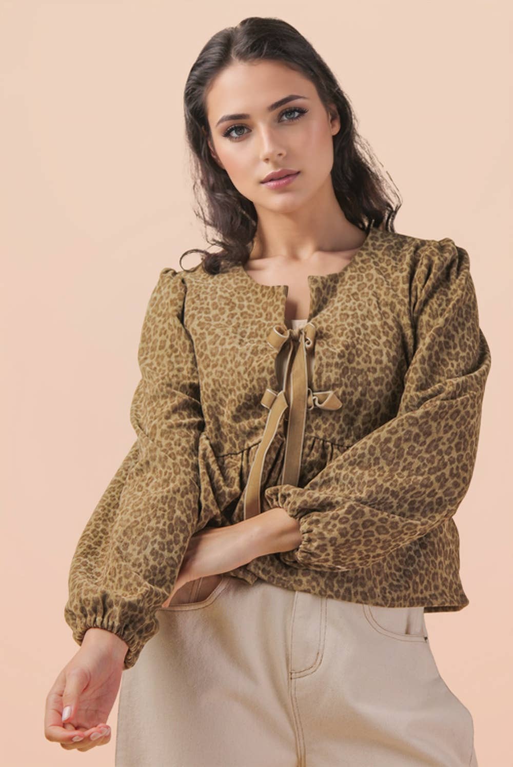 Leopard Printed Front Tie Woven Blouse Top