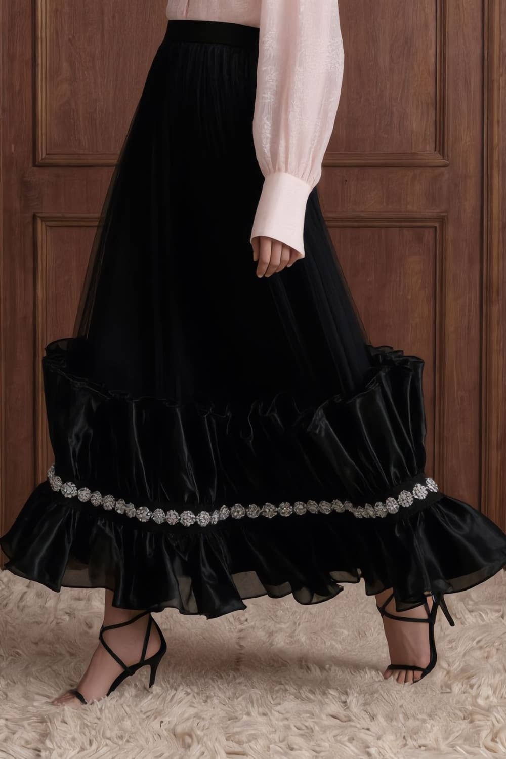 Embellished Ruffle Tulle Maxi Skirt