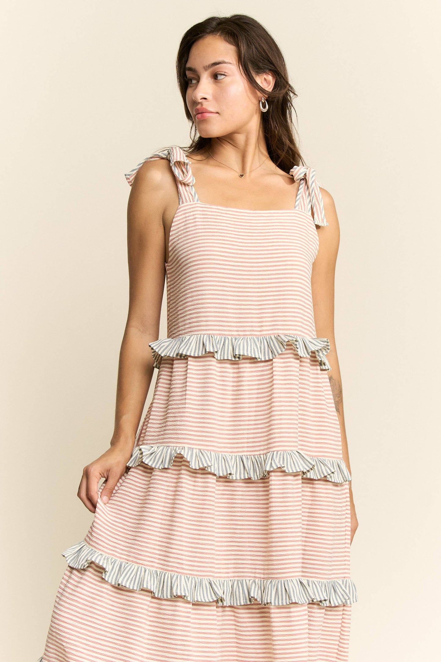 STRIPED TWO TONE TIERED MAXI DRESS