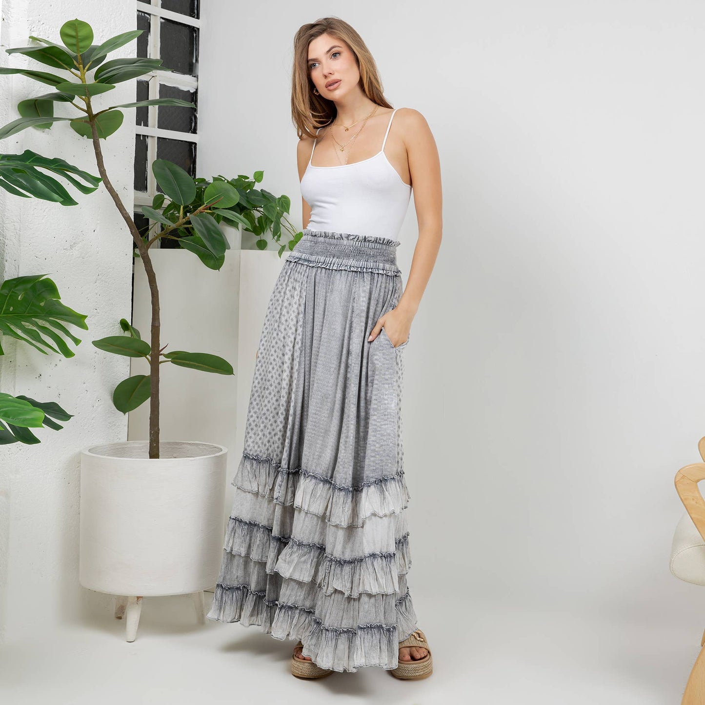 Rustic Smocked Waist Ruffled Tiered Maxi Skirt