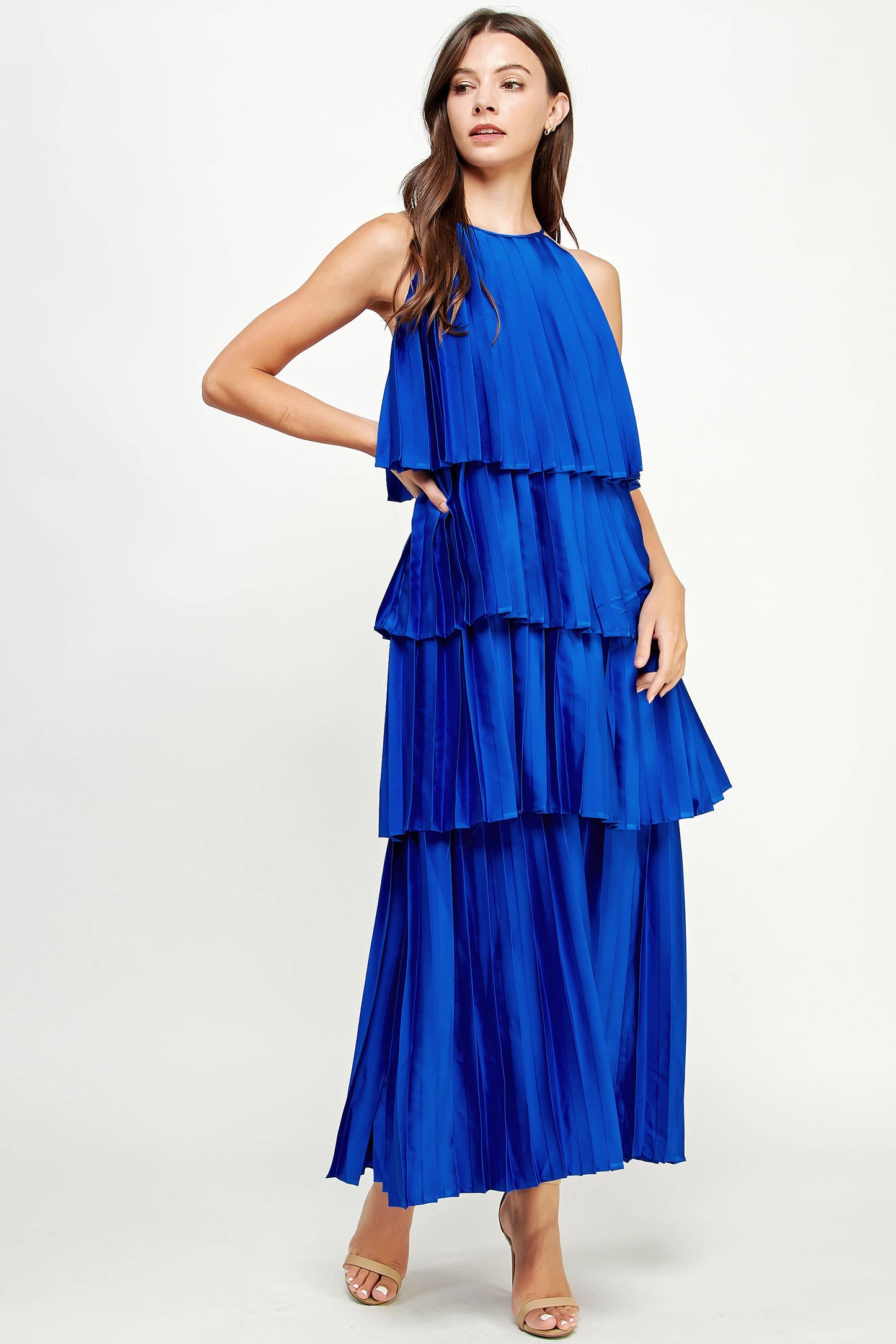 Pleated Satin Tiered Maxi Dress
