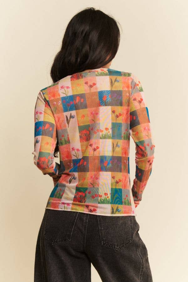 PLUS MULTI CHECKER FLORAL PRINTED MESH TOP
