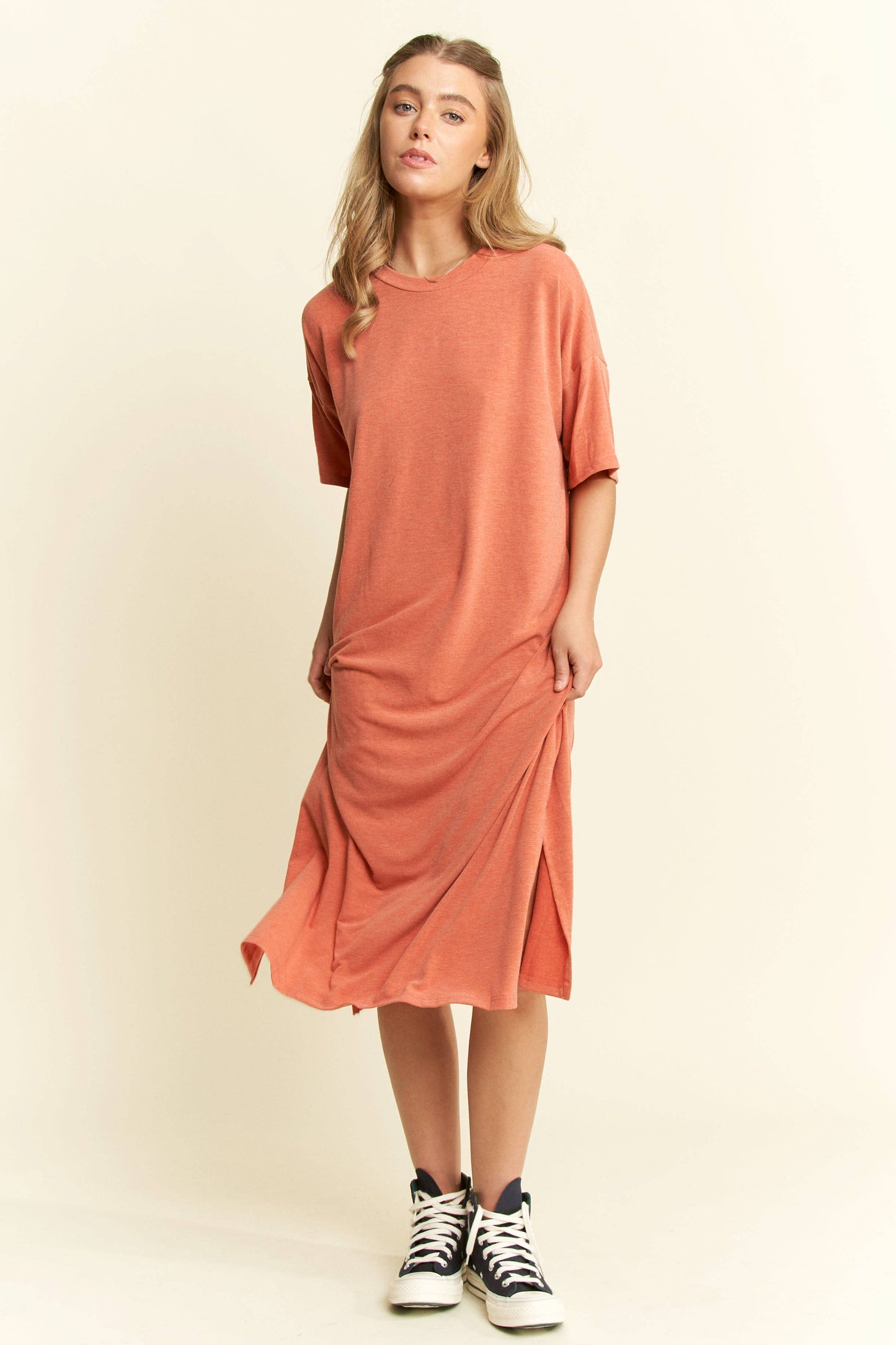 PLUS SIZE SOLID SIDE SLIT MIDI DRESS