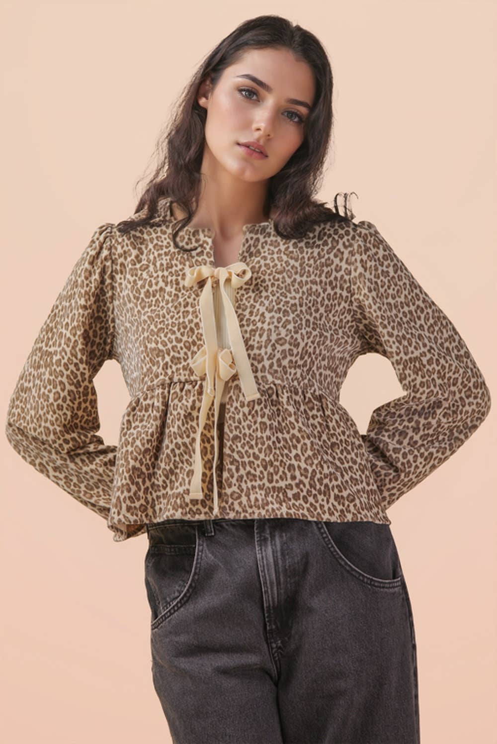 Leopard Printed Front Tie Woven Blouse Top