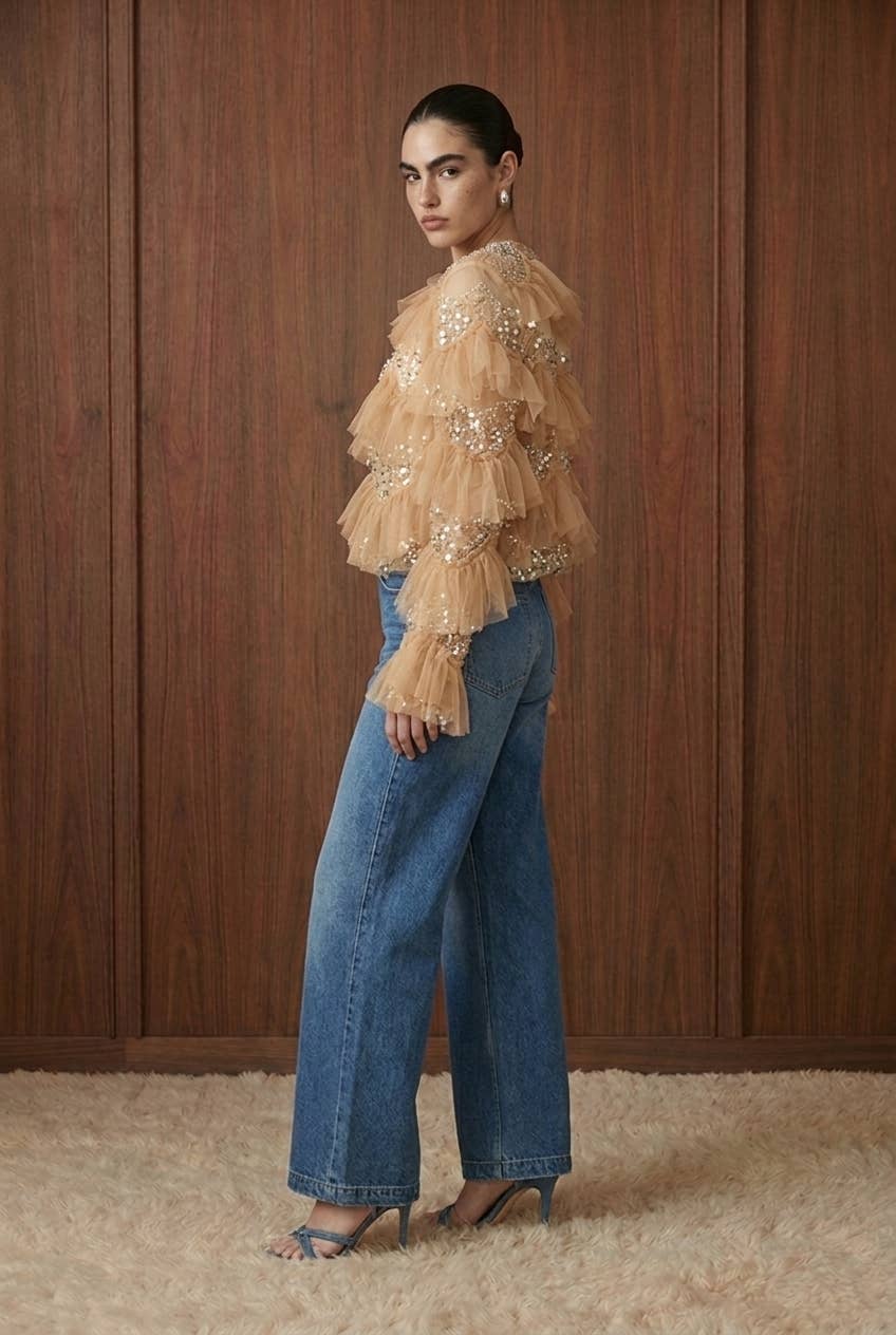 Embellished Tiered Ruffle Mesh Jacket