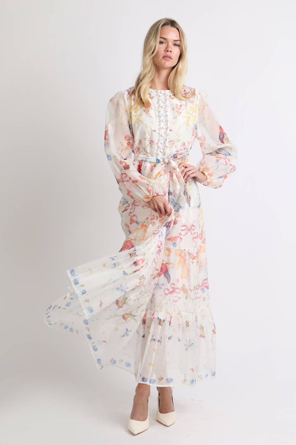 Multicolor Print Sheer Maxi Puff Dress
