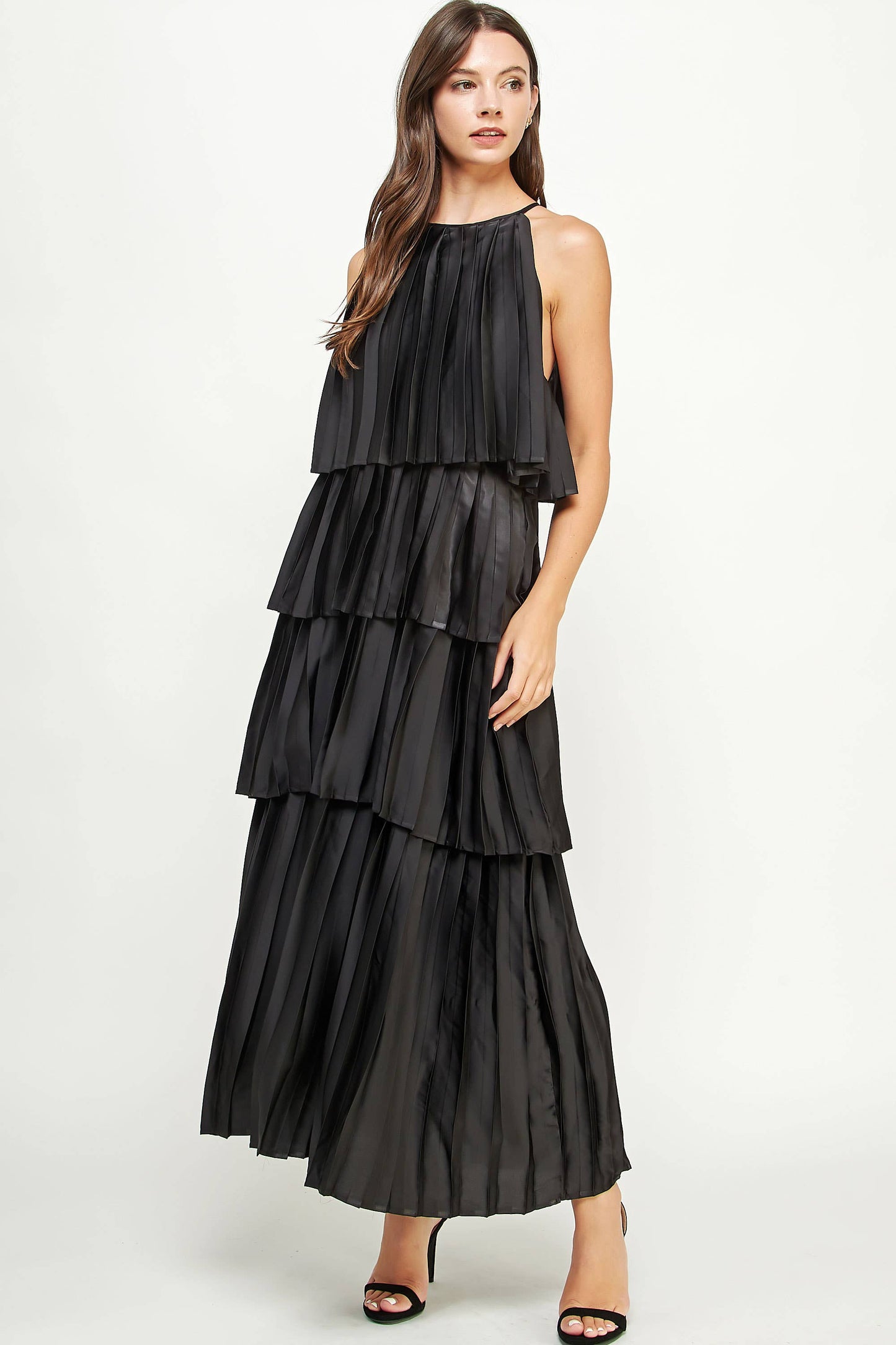 Pleated Satin Tiered Maxi Dress