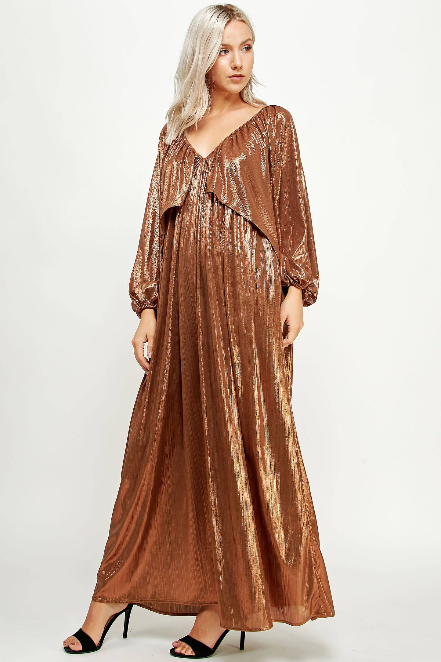 Shirred Metallic Maxi Dress
