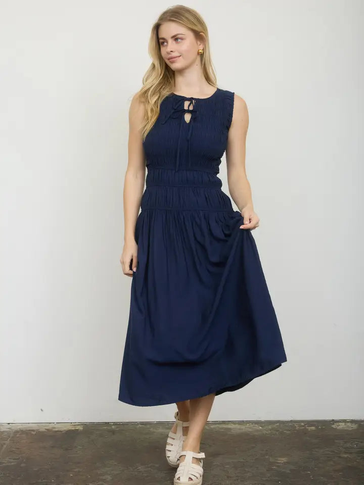 Navy Blue Keyhole Smocked Midi Dress