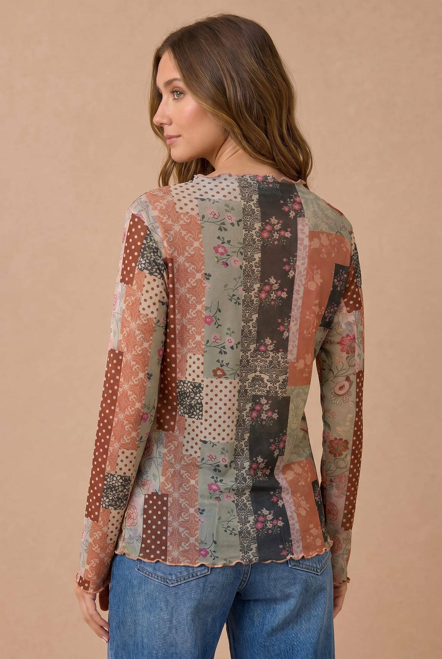 Patchwork Mesh High Neckline Frilled Top