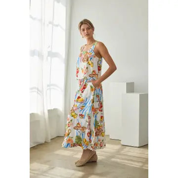 Picnic Button-Front Midi Skirt with Tropical Fruit & Florals