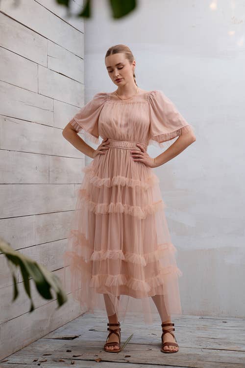 SHORT SLEEVE TULLE TIER MIDI DRESS