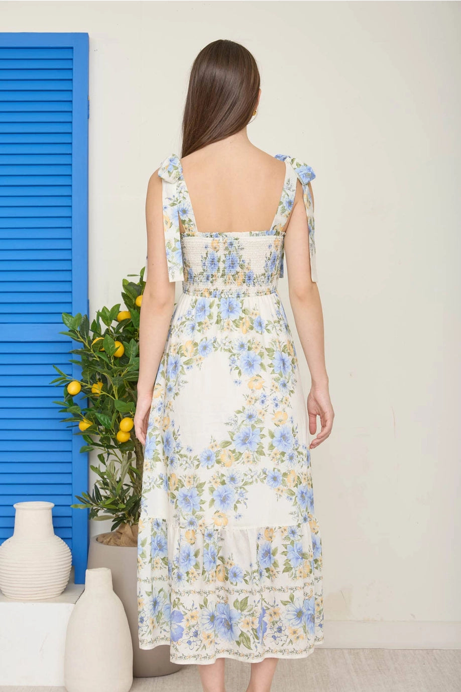 Blue Floral Rose Midi Dress