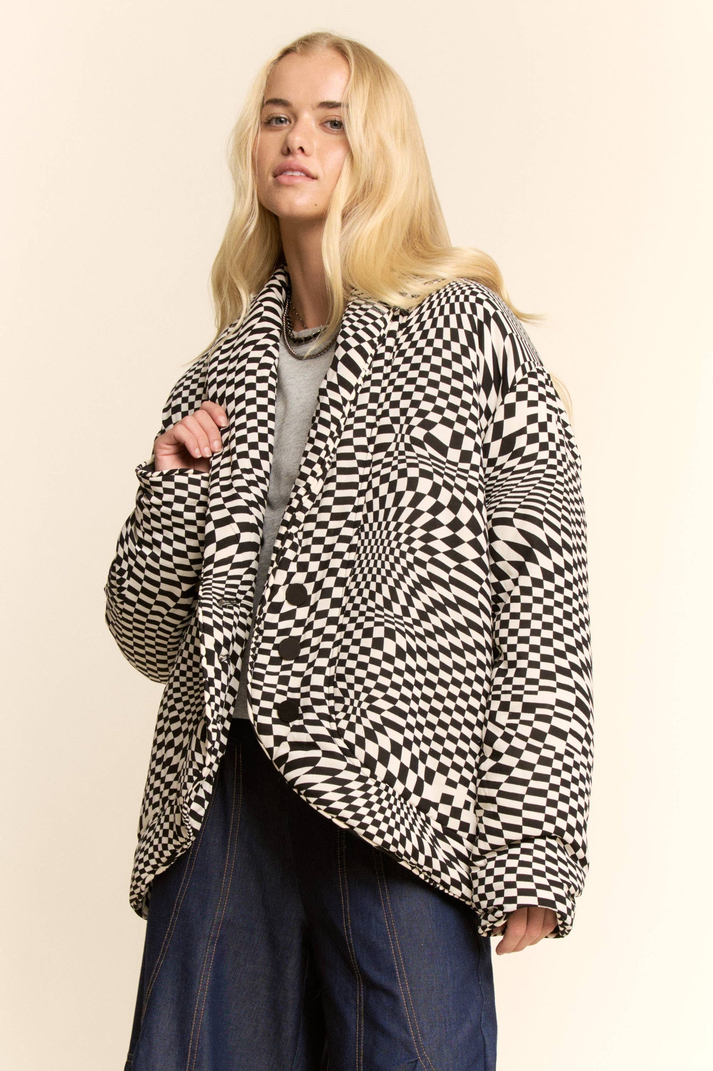 PLUS RETRO PRINT PAD SHAWL COLLAR BUTTON JACKET