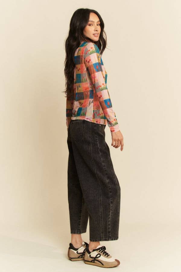 PLUS MULTI CHECKER FLORAL PRINTED MESH TOP