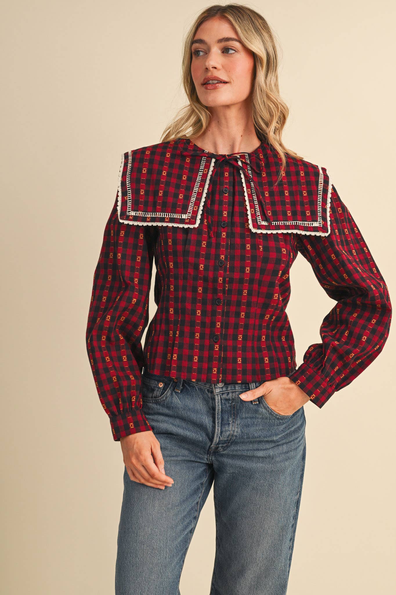 GINGHAM PILGRIM COLLAR BUTTON UP TOP MTP5151