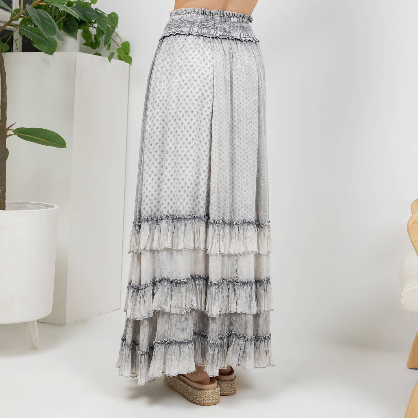 Rustic Smocked Waist Ruffled Tiered Maxi Skirt