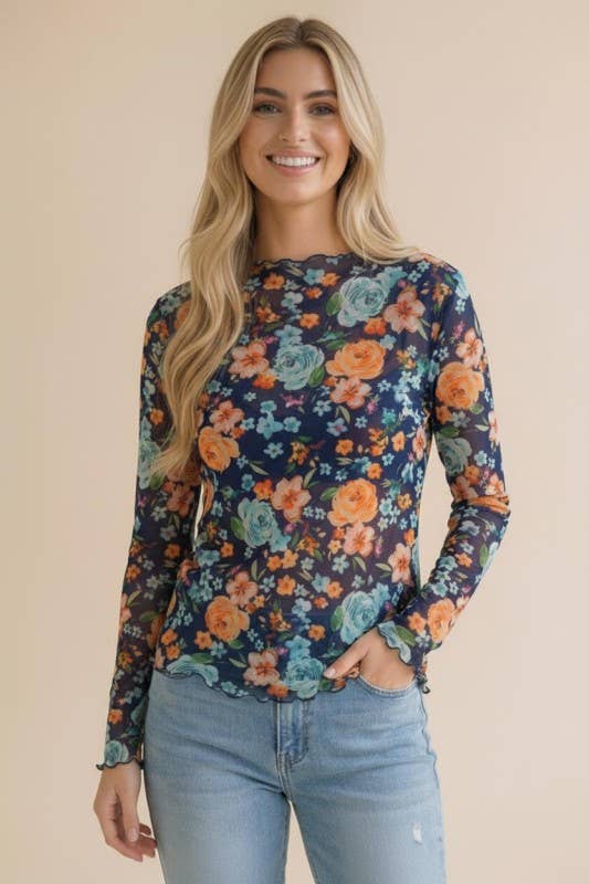 High Neck Sleeve Floral Mesh Top