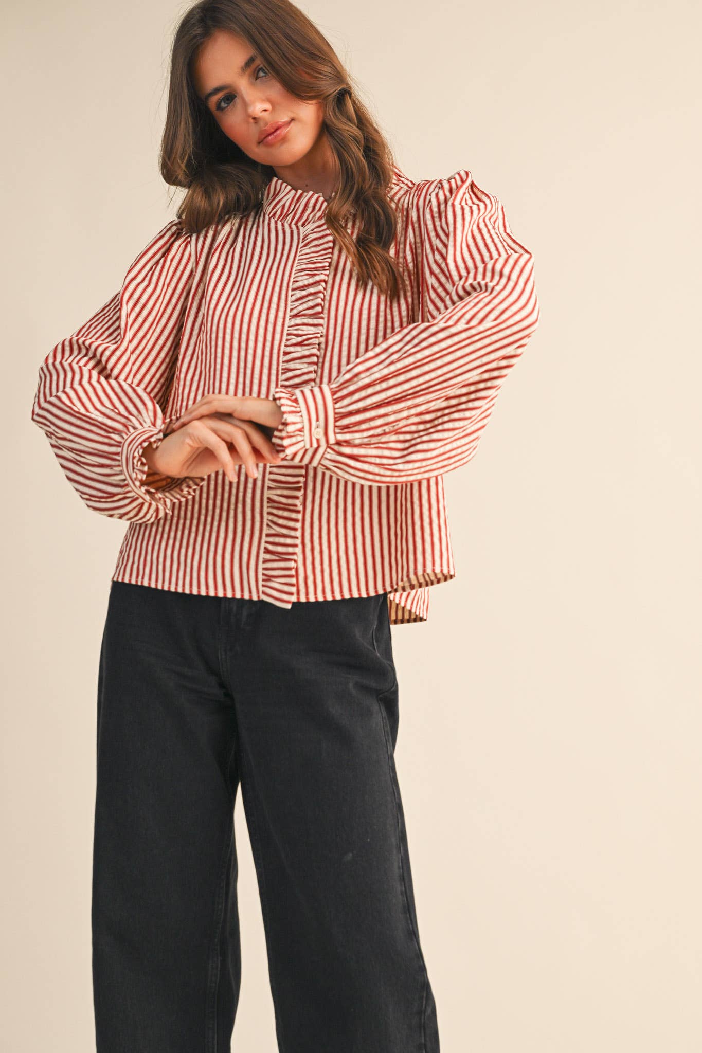 STRIPED RUFFLED BUTTON DOWN LONG SLEEVE TOP MTP4319