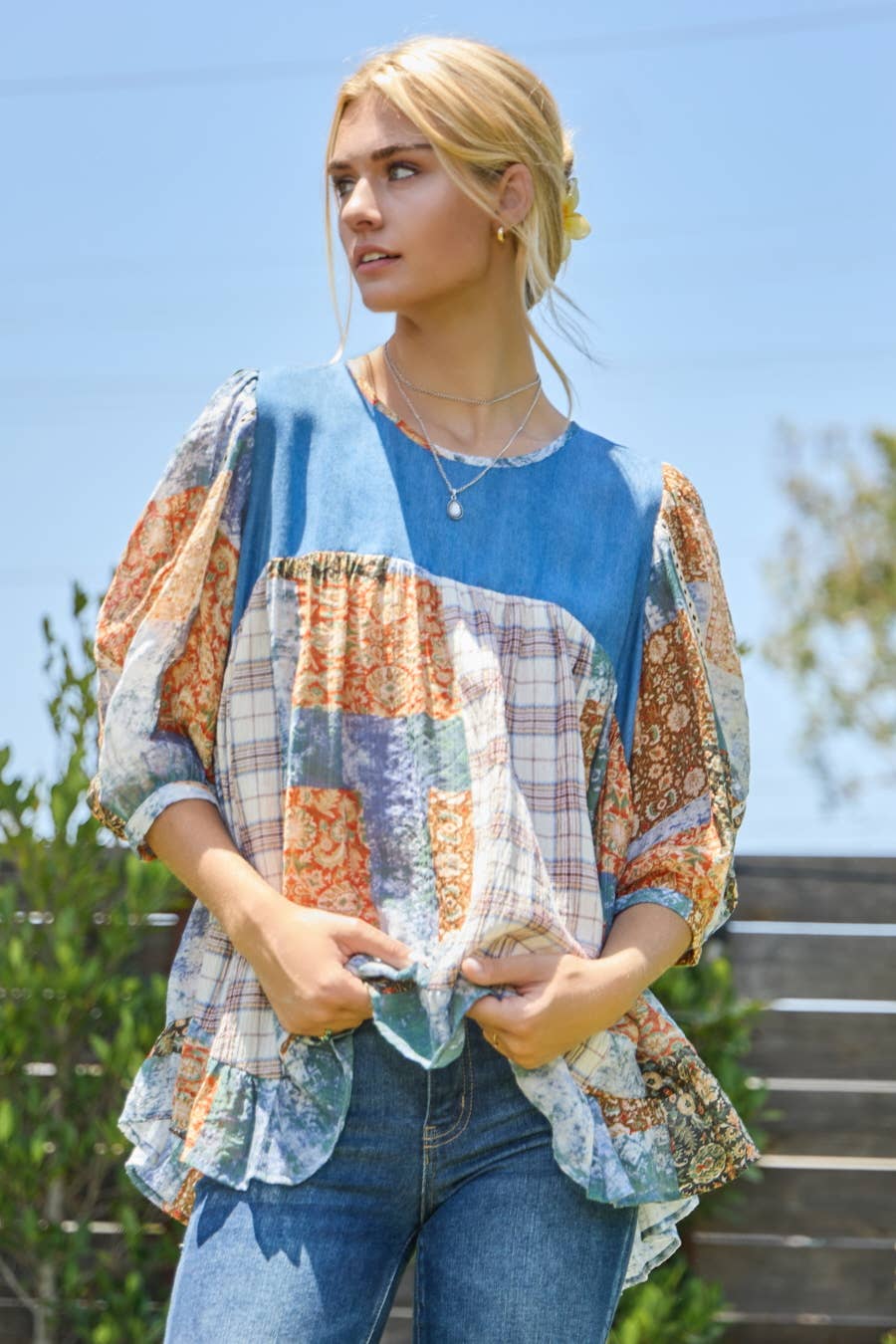 Contrast Printed 3/4 Sleeve Blouse