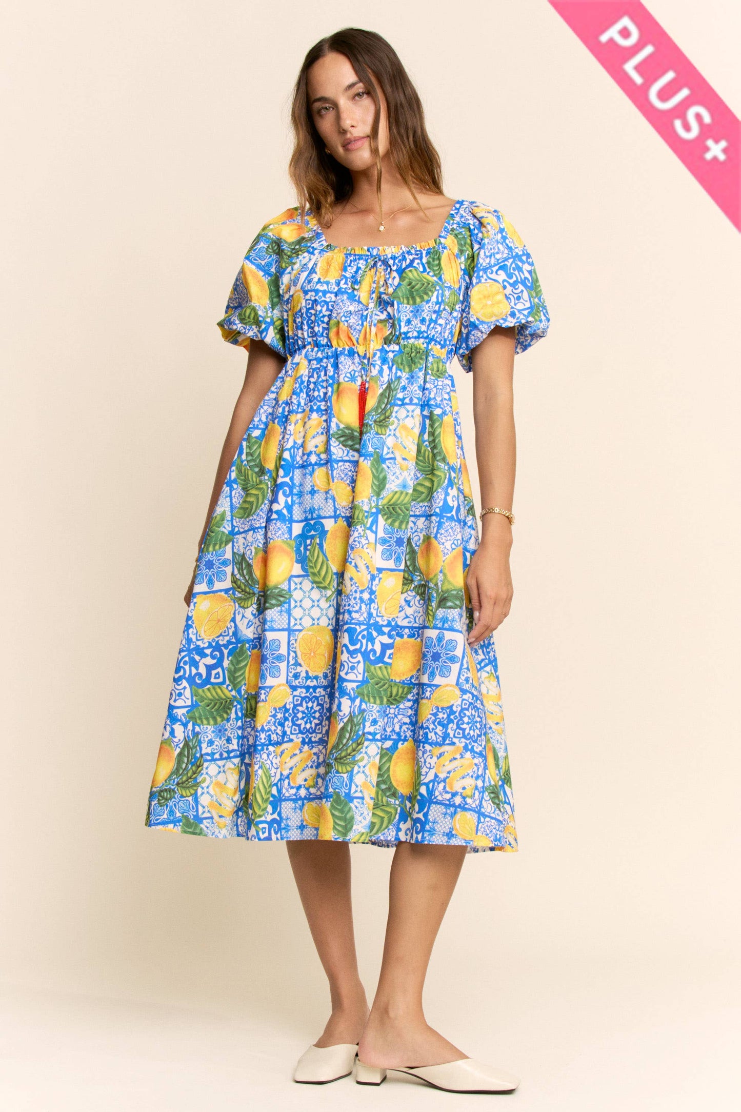 PLUS LEMON AZULEJO PUFFED SLEEVE SMOCK MIDI DRESS