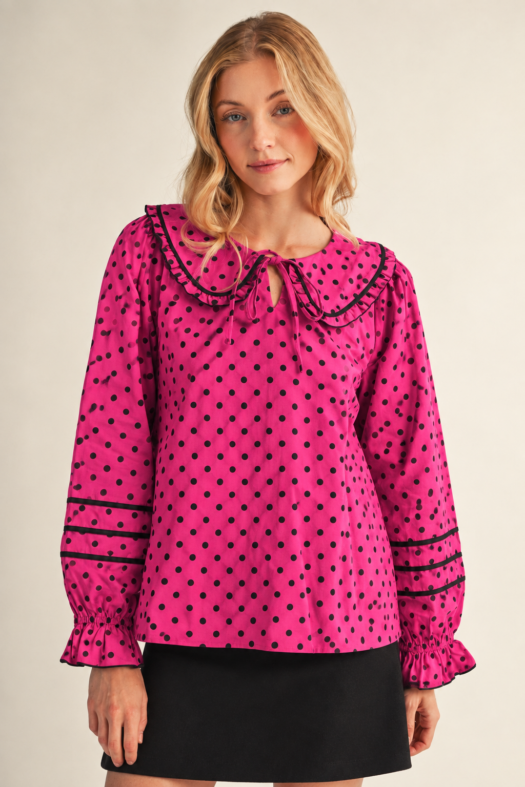 Hot Pink Polka Dot Tie-Neck Blouse with Scallop Collar