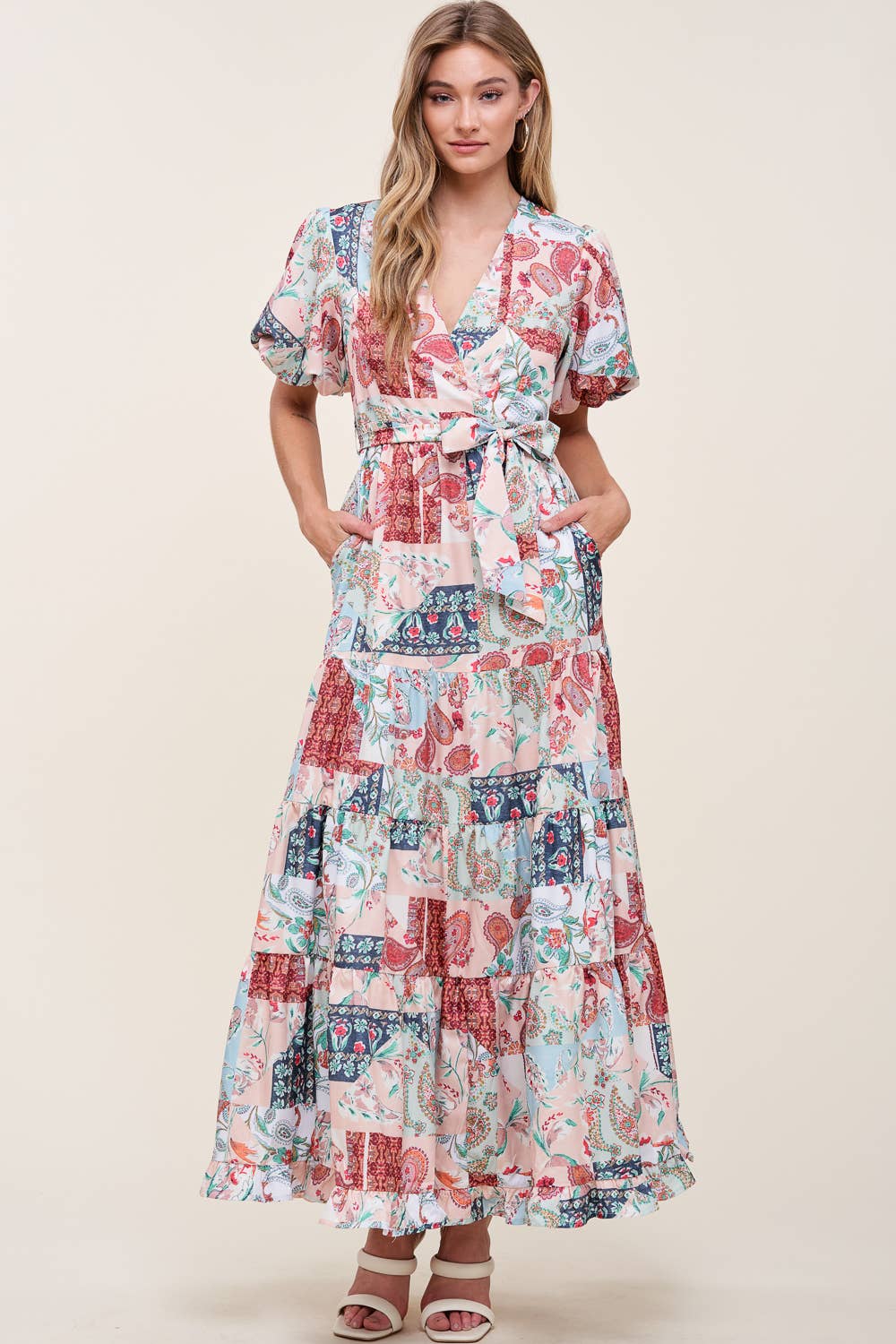 PRINTED V NECK DRESS WITH SELF TIE BOW