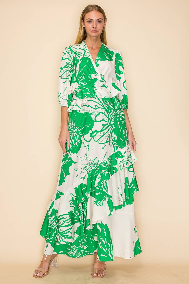 V NECK DRESS WITH RUFFLES AND POCKETS
