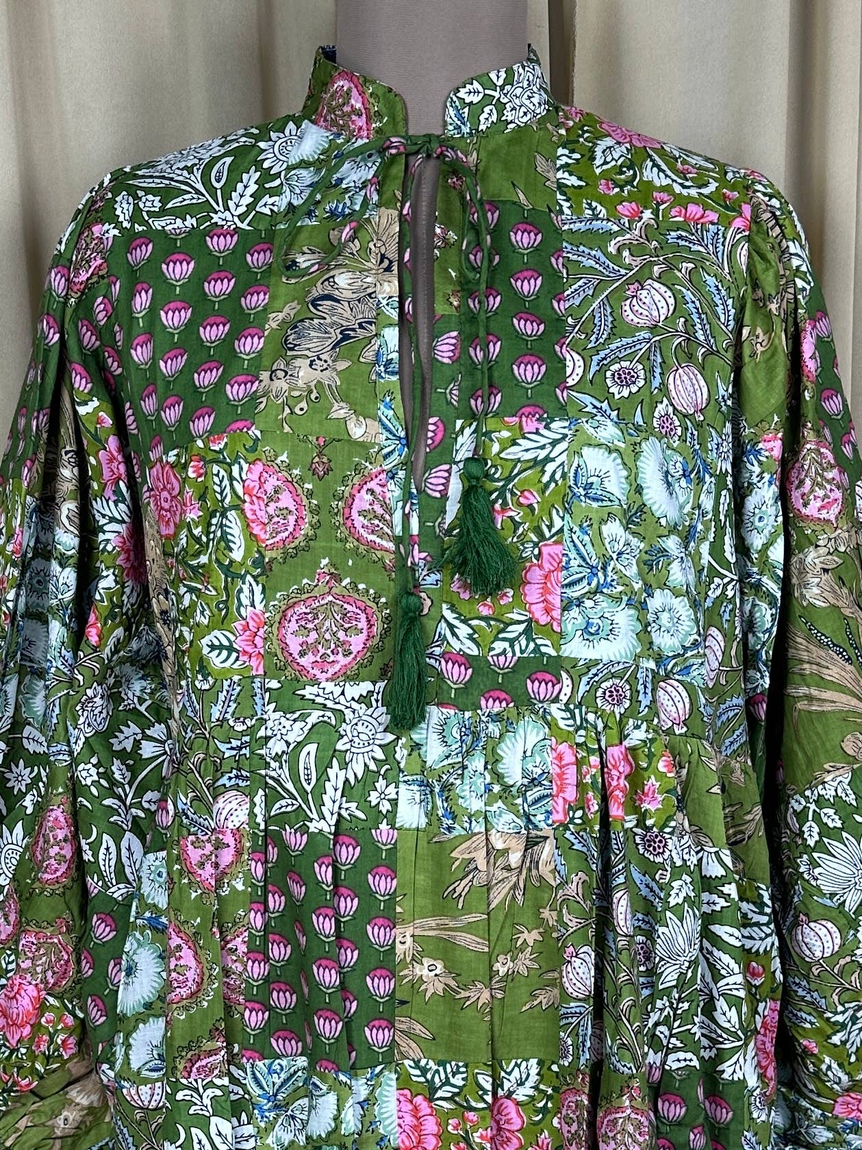 GREEN SHADES - Hand Patchwork Cotton Dress OneSize