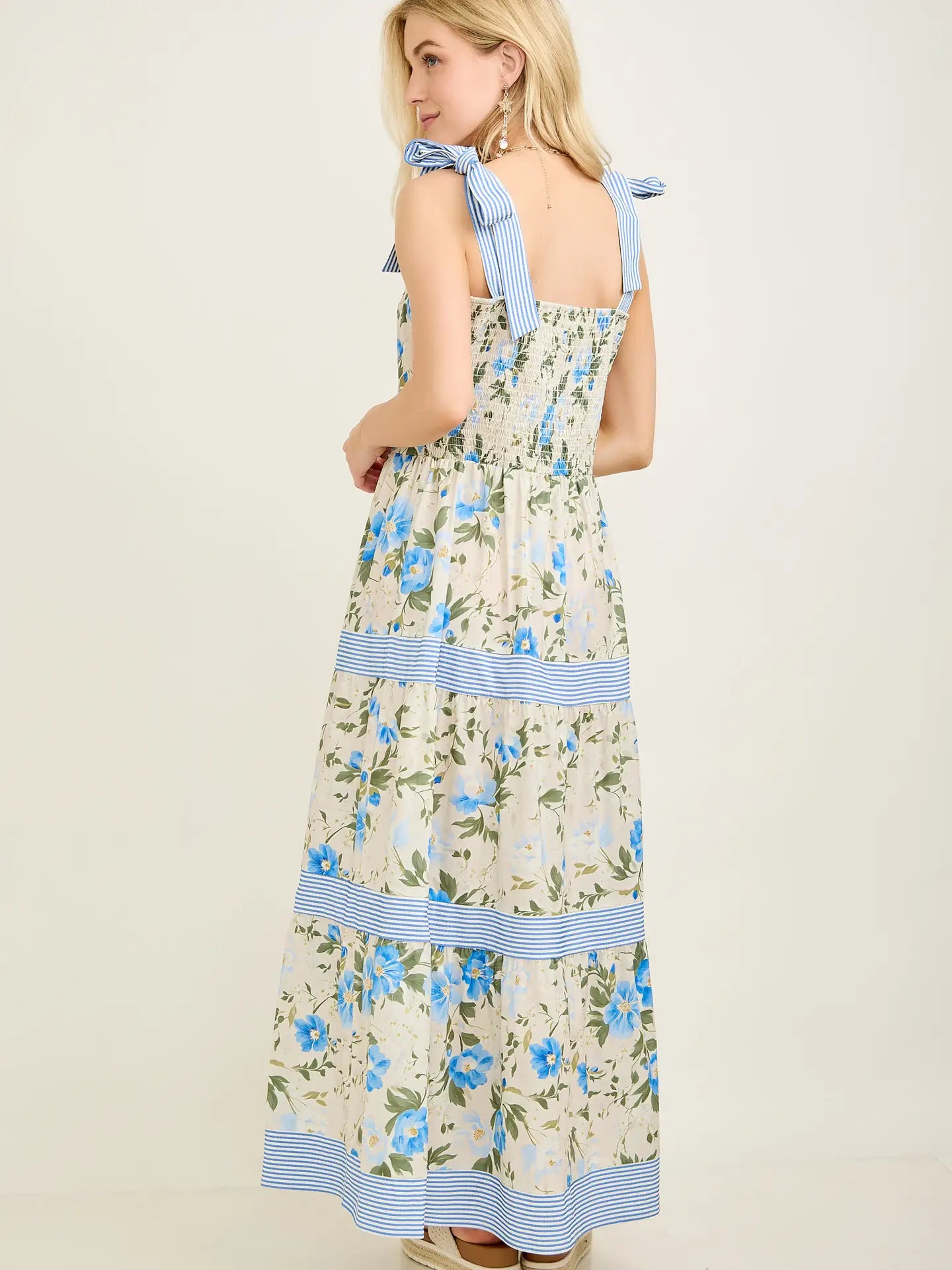 Blue Floral Stripe Trim Tiered Maxi Dress
