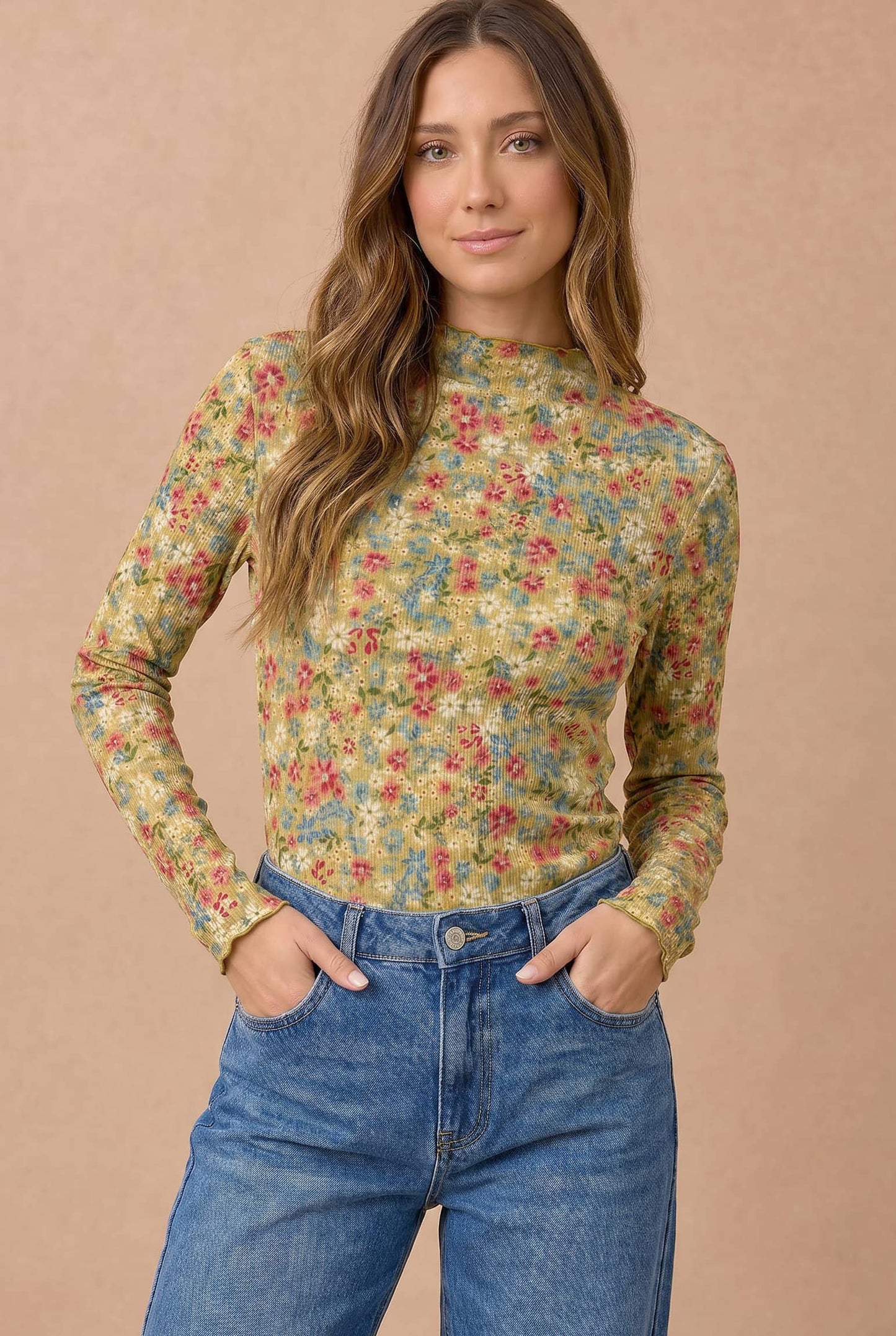 Plus Mock Neck Frilled Floral Print Rib Knit Top