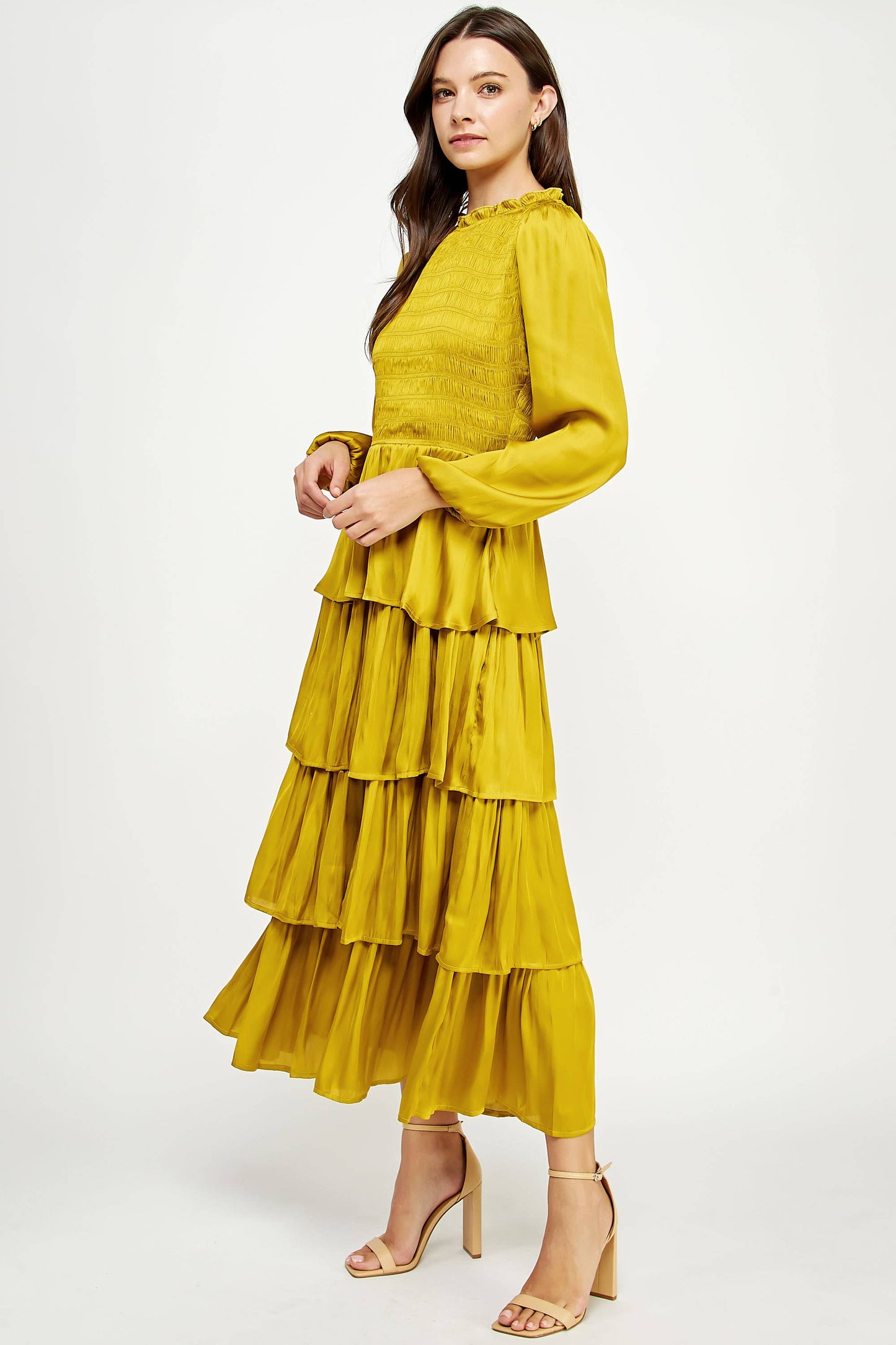 Smocked Detail Satin Tiered Dress