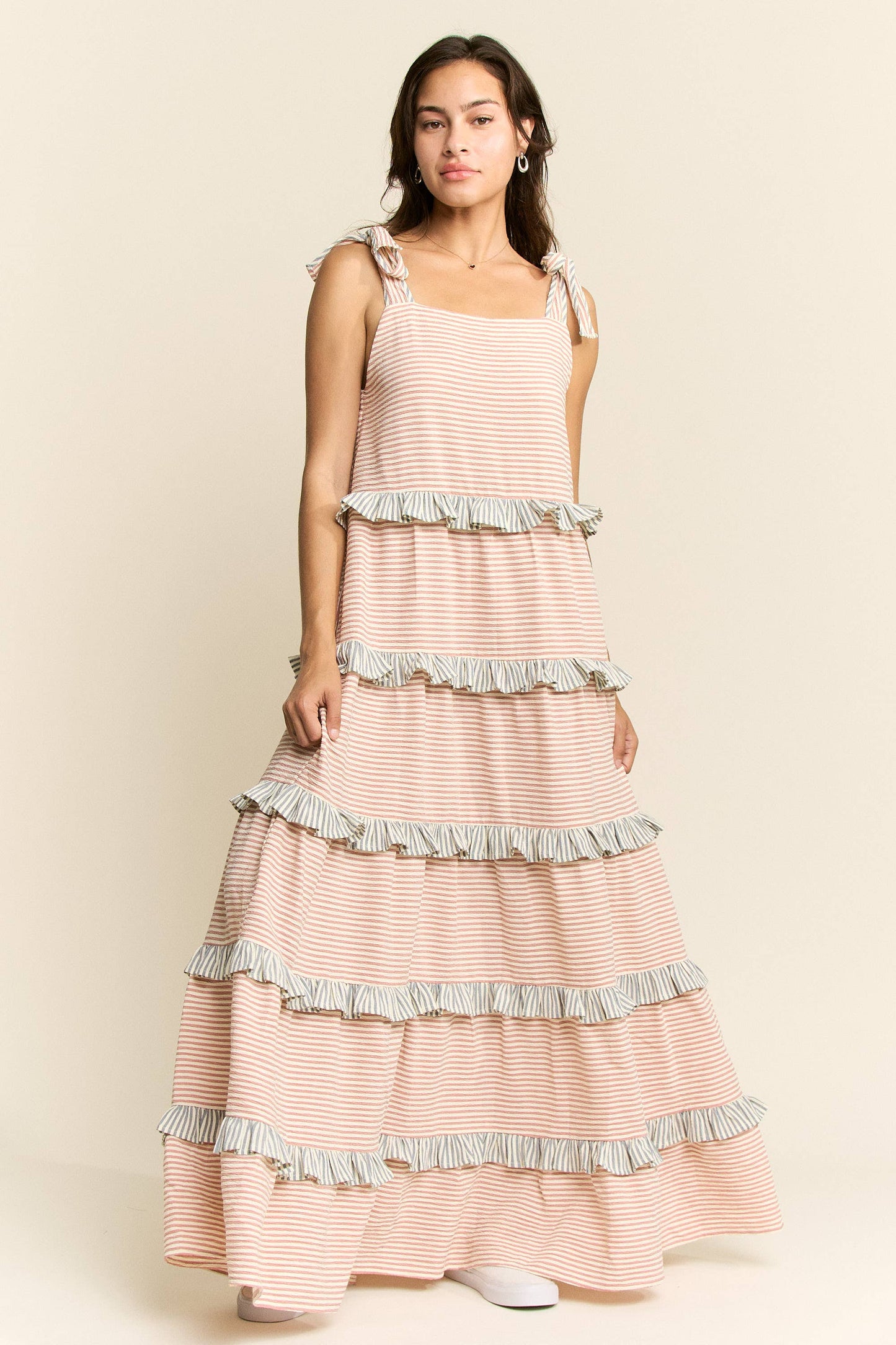 STRIPED TWO TONE TIERED MAXI DRESS