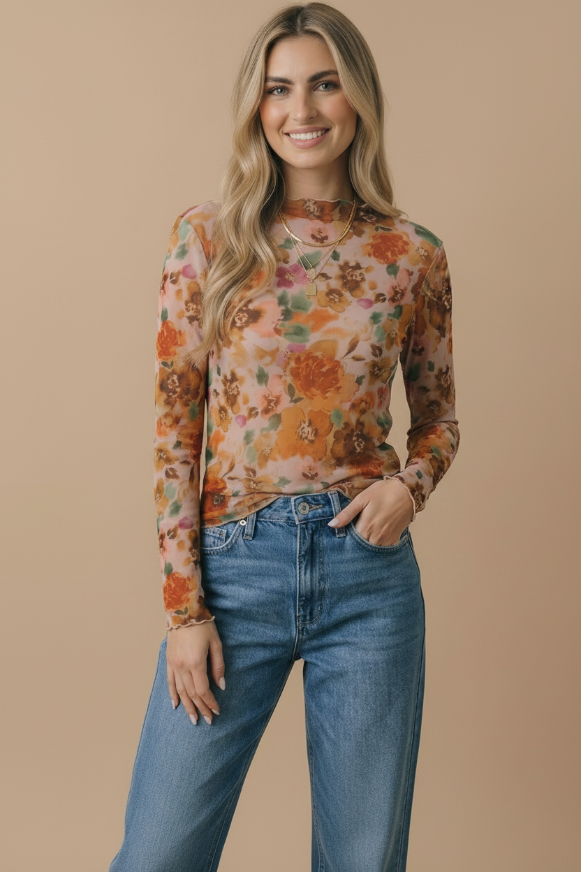 Plus Floral Mesh Frilled Merrow Hem Top